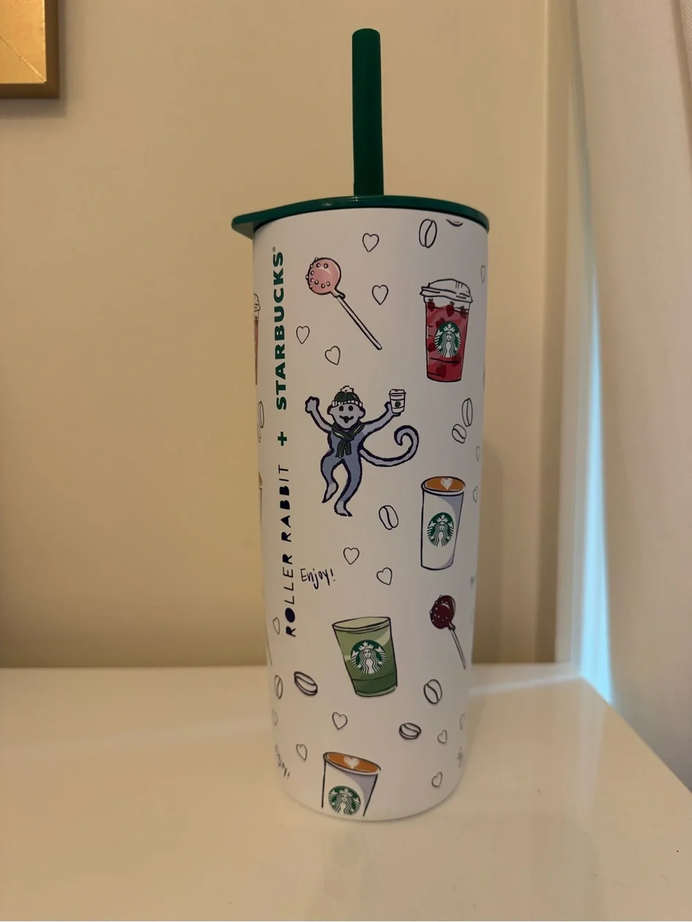 Starbucks x Roller Rabbit White Tumbler with Green Straw and Multicolor Print